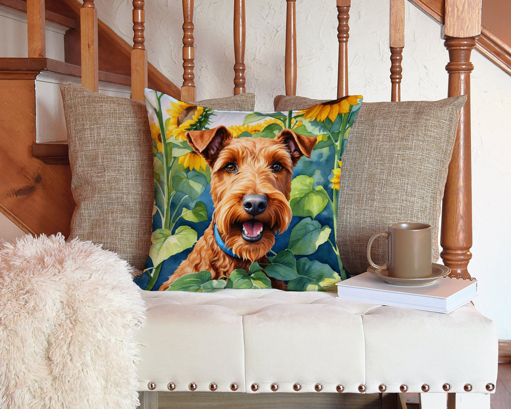 Irish Terrier in Sunflowers Decorative Throw Pillow 14x14 Indoor Outdoor Accent Cushion, Fabric Cover with Insert for Sofa, Bed, Porch & Living Room