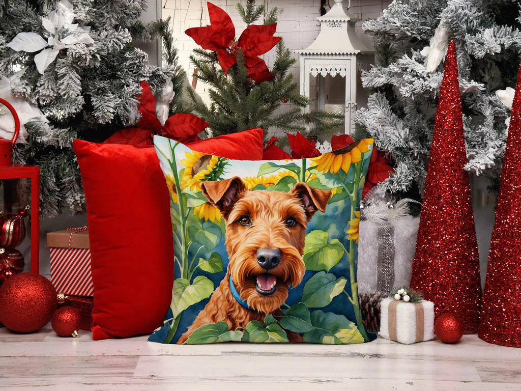 Irish Terrier in Sunflowers Decorative Throw Pillow 14x14 Indoor Outdoor Accent Cushion, Fabric Cover with Insert for Sofa, Bed, Porch & Living Room
