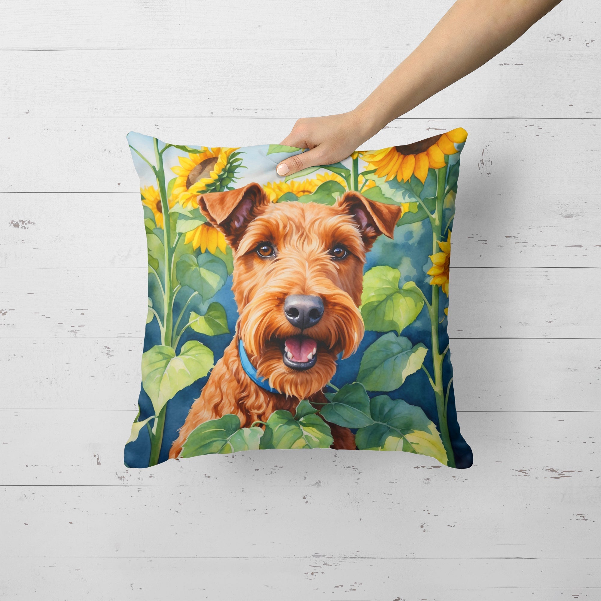Irish Terrier in Sunflowers Decorative Throw Pillow 18x18 Indoor Outdoor Accent Cushion, Fabric Cover with Insert for Sofa, Bed, Porch & Living Room