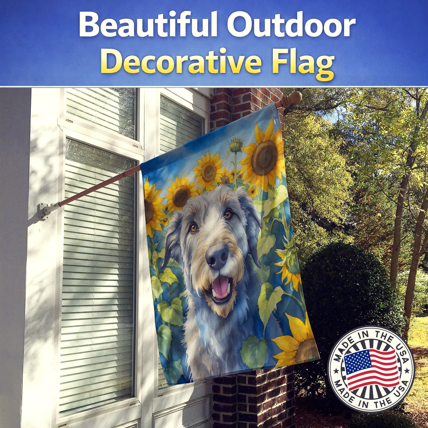 Irish Wolfhound in Sunflowers House Flag 28x40 Porch Sleeve Pole Decorative Outside Yard Banner Artwork Wall Hanging, Polyester