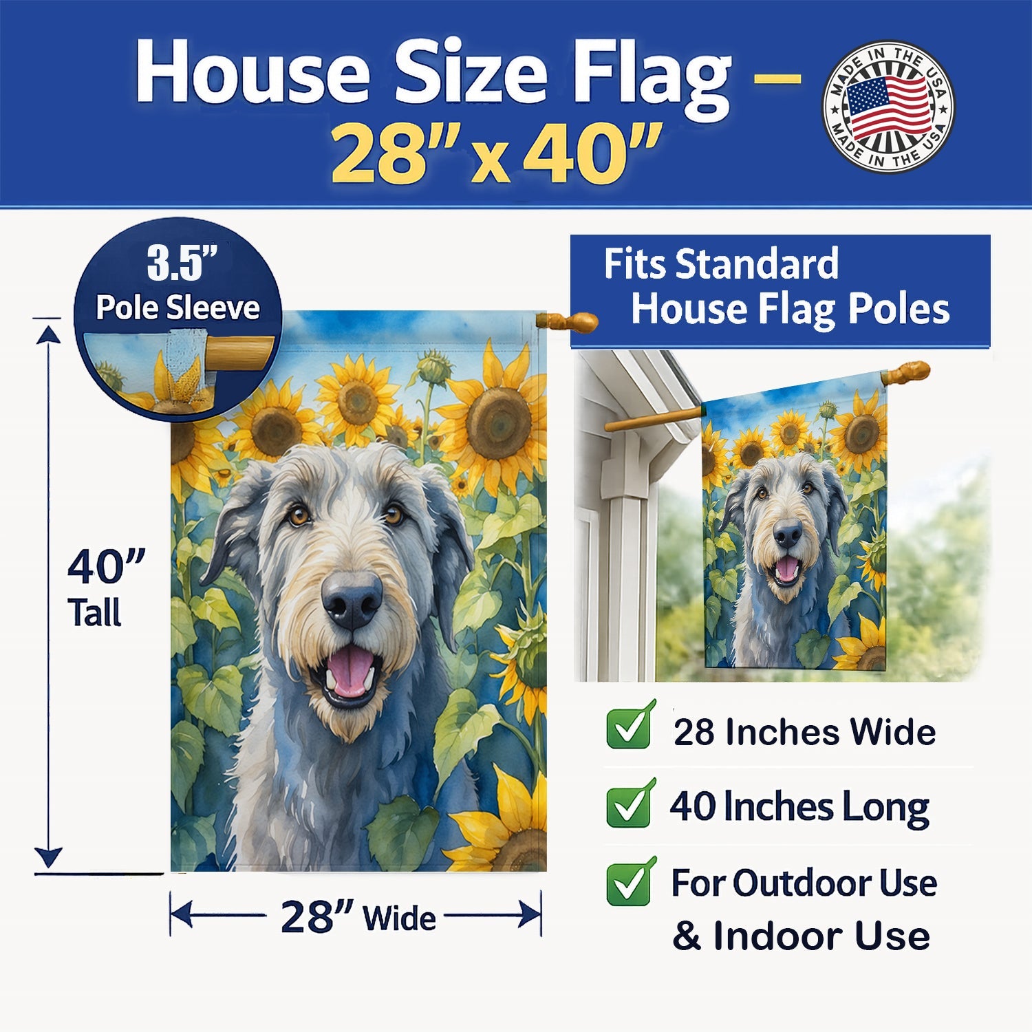 Irish Wolfhound in Sunflowers House Flag 28x40 Porch Sleeve Pole Decorative Outside Yard Banner Artwork Wall Hanging, Polyester