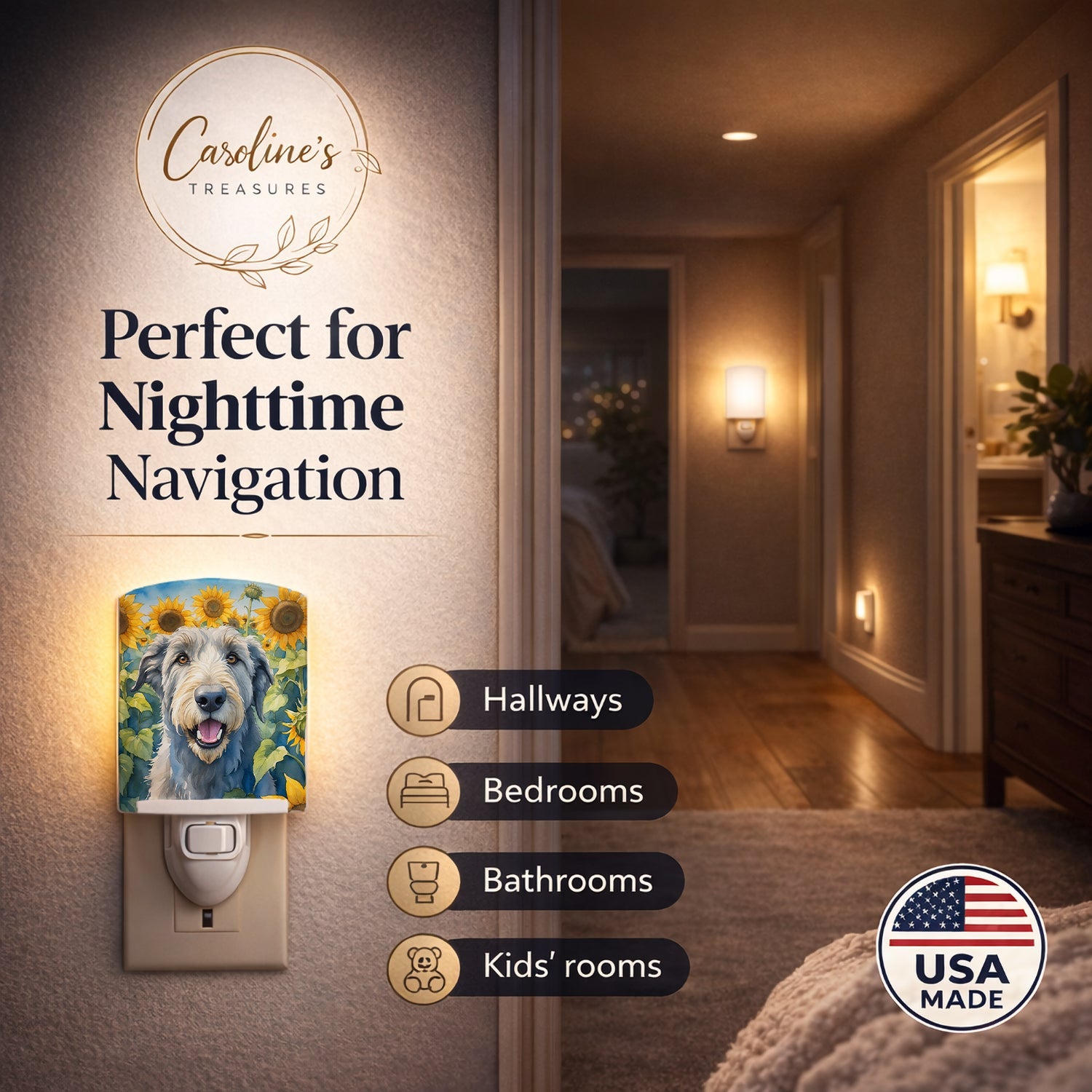 Irish Wolfhound in Sunflowers Ceramic Night Light Compact, UL-Certified, Ideal for Bedroom, Bathroom, Nursery, Hallway, Kitchen, 6x4x3, Multicolor