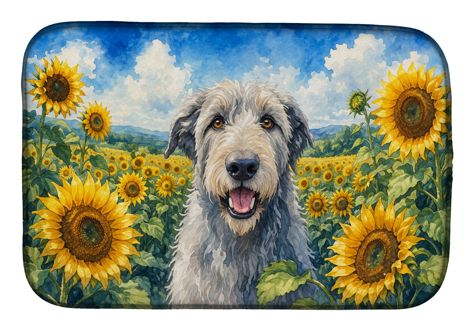 Irish Wolfhound in Sunflowers Dish Drying Mat Absorbent Dish Drying Mat Pad for Kitchen Counter Dish Drainer Mat for Countertop, 14 x 21", Multicolor