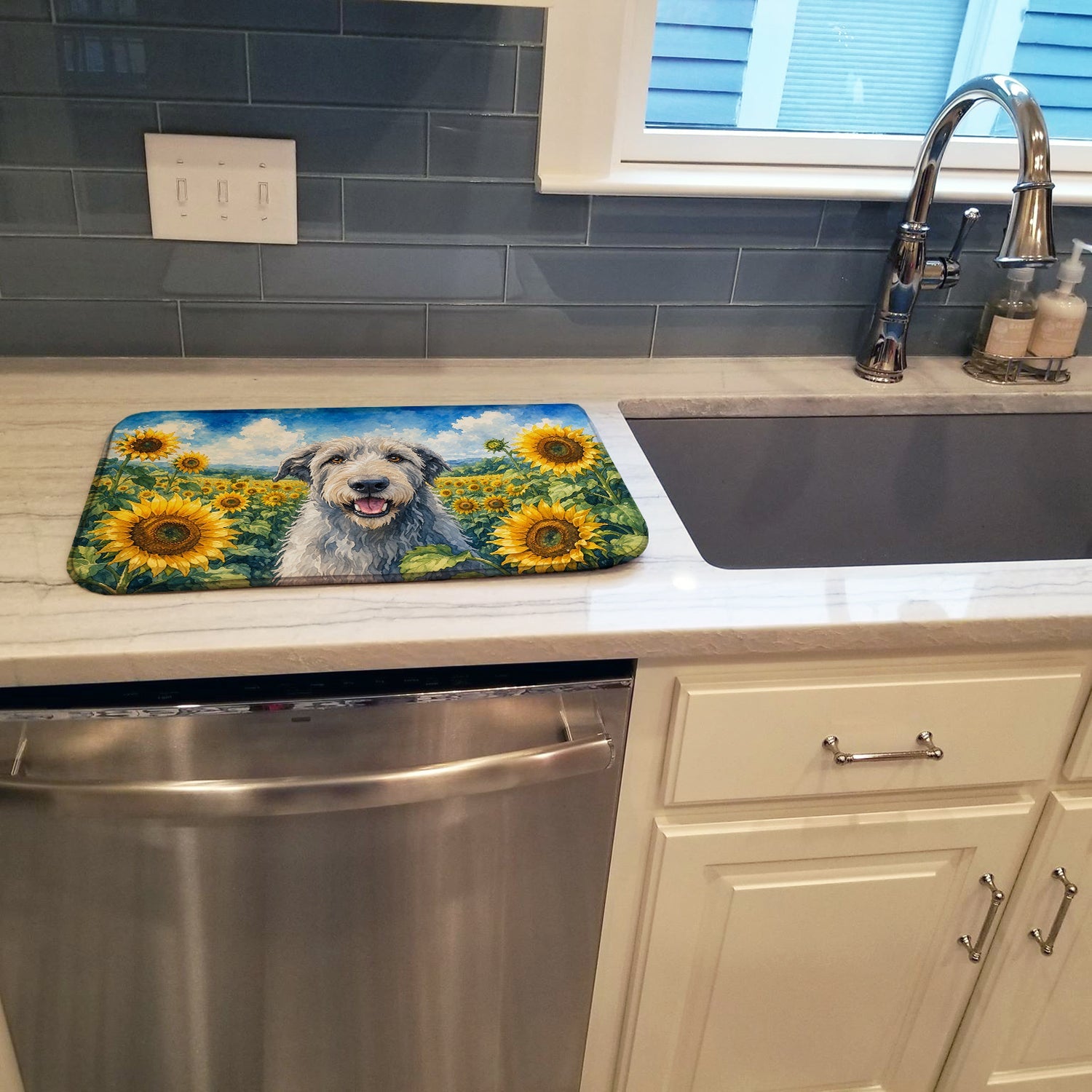 Irish Wolfhound in Sunflowers Dish Drying Mat Absorbent Dish Drying Mat Pad for Kitchen Counter Dish Drainer Mat for Countertop, 14 x 21", Multicolor