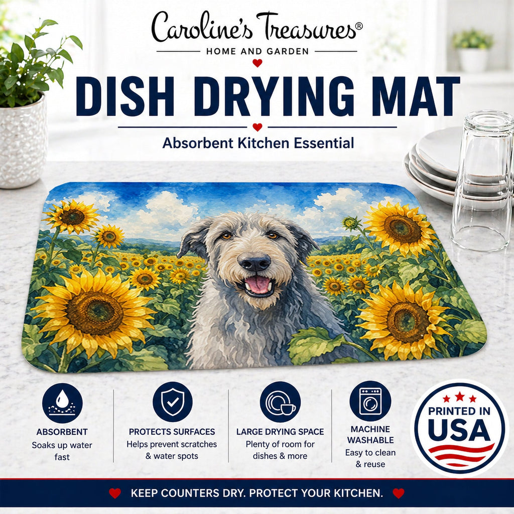 Irish Wolfhound in Sunflowers Dish Drying Mat Absorbent Dish Drying Mat Pad for Kitchen Counter Dish Drainer Mat for Countertop, 14 x 21", Multicolor