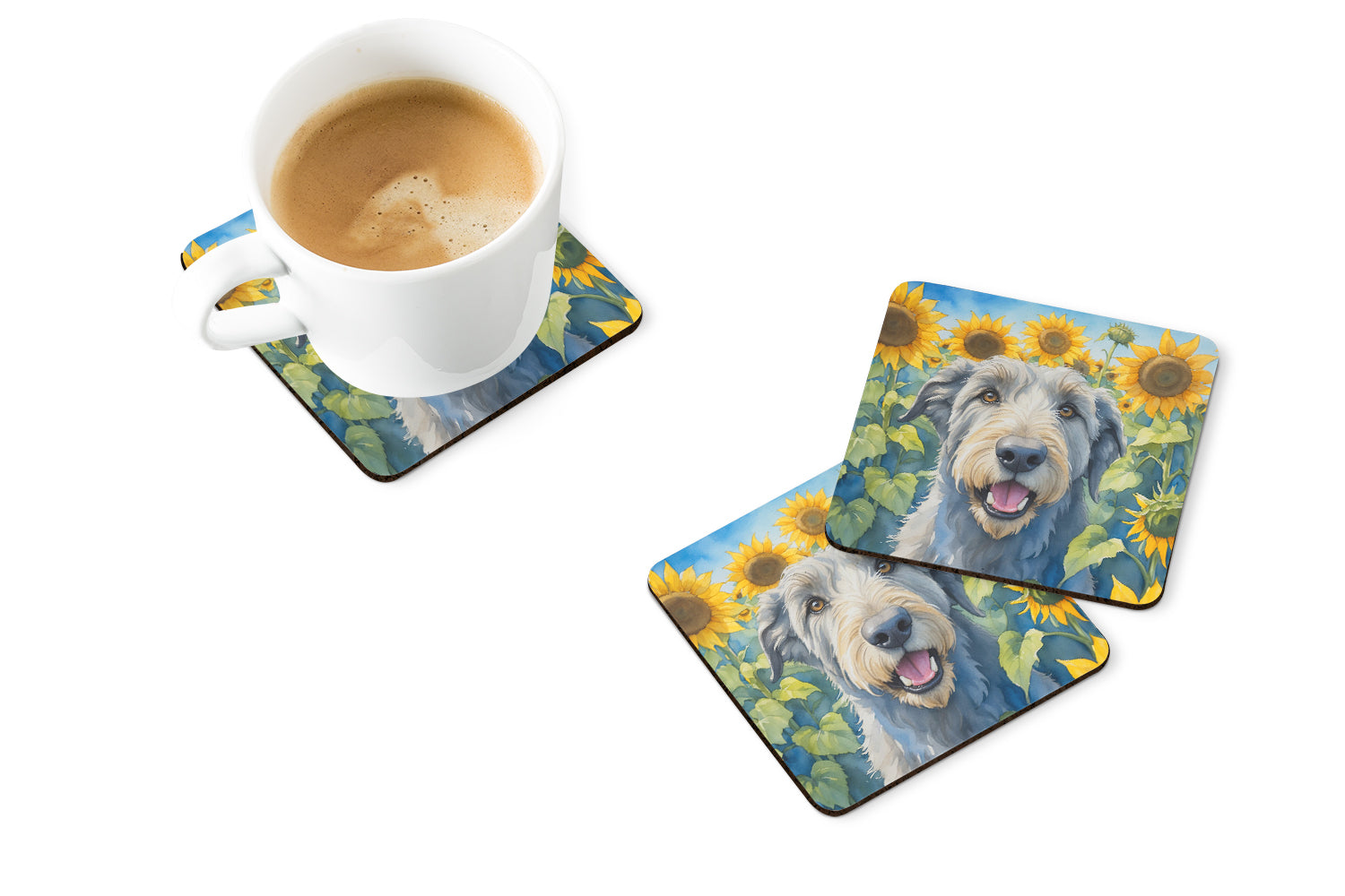 Irish Wolfhound in Sunflowers Foam Coasters Set of 4 Cup Coasters for Indoor Outdoor, Tabletop Protection, Anti Slip, Mouse pad Material