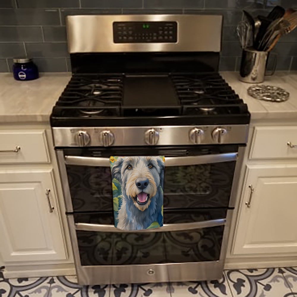 Irish Wolfhound in Sunflowers Kitchen Towel Velour Plush Front and Cotton Loop Back Machine Washable