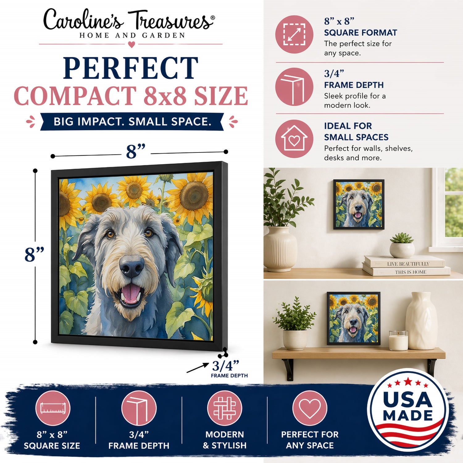 Irish Wolfhound in Sunflowers Framed Metal Print Bathroom, Kitchen, Office, Home Decor Wall Art Ready to Hang, Square, 8X8