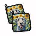 Irish Wolfhound in Sunflowers Pot Holder Set of 2 Heat Resistant Quilted Hot Pads 7.5 x 7.5 Inch, Insulated Kitchen Trivets for Cooking & Baking