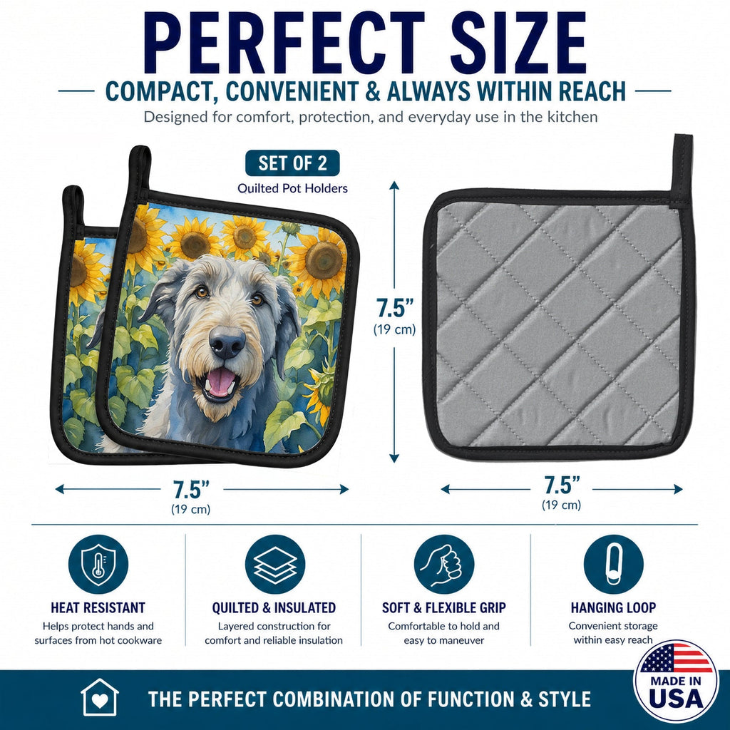 Irish Wolfhound in Sunflowers Pot Holder Set of 2 Heat Resistant Quilted Hot Pads 7.5 x 7.5 Inch, Insulated Kitchen Trivets for Cooking & Baking