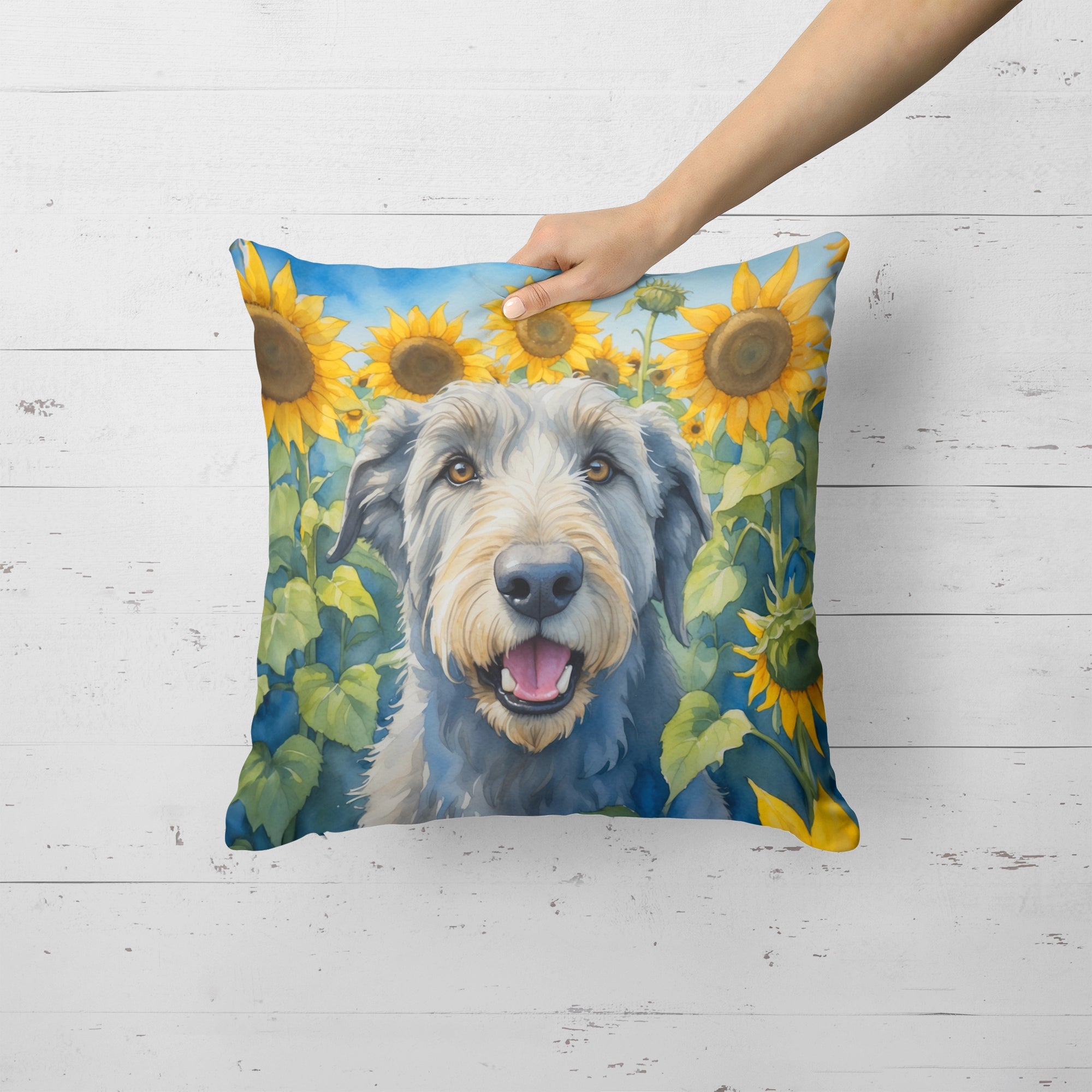 Irish Wolfhound in Sunflowers Decorative Throw Pillow 18x18 Indoor Outdoor Accent Cushion, Fabric Cover with Insert for Sofa, Bed, Porch & Living Room