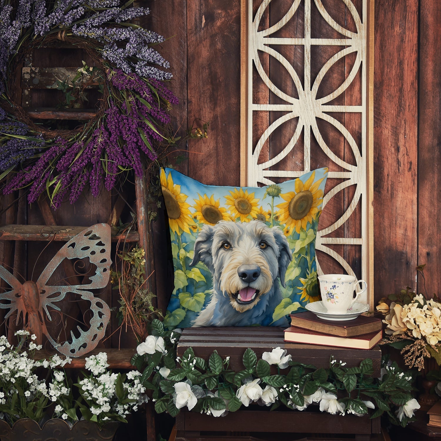 Irish Wolfhound in Sunflowers Decorative Throw Pillow 18x18 Indoor Outdoor Accent Cushion, Fabric Cover with Insert for Sofa, Bed, Porch & Living Room