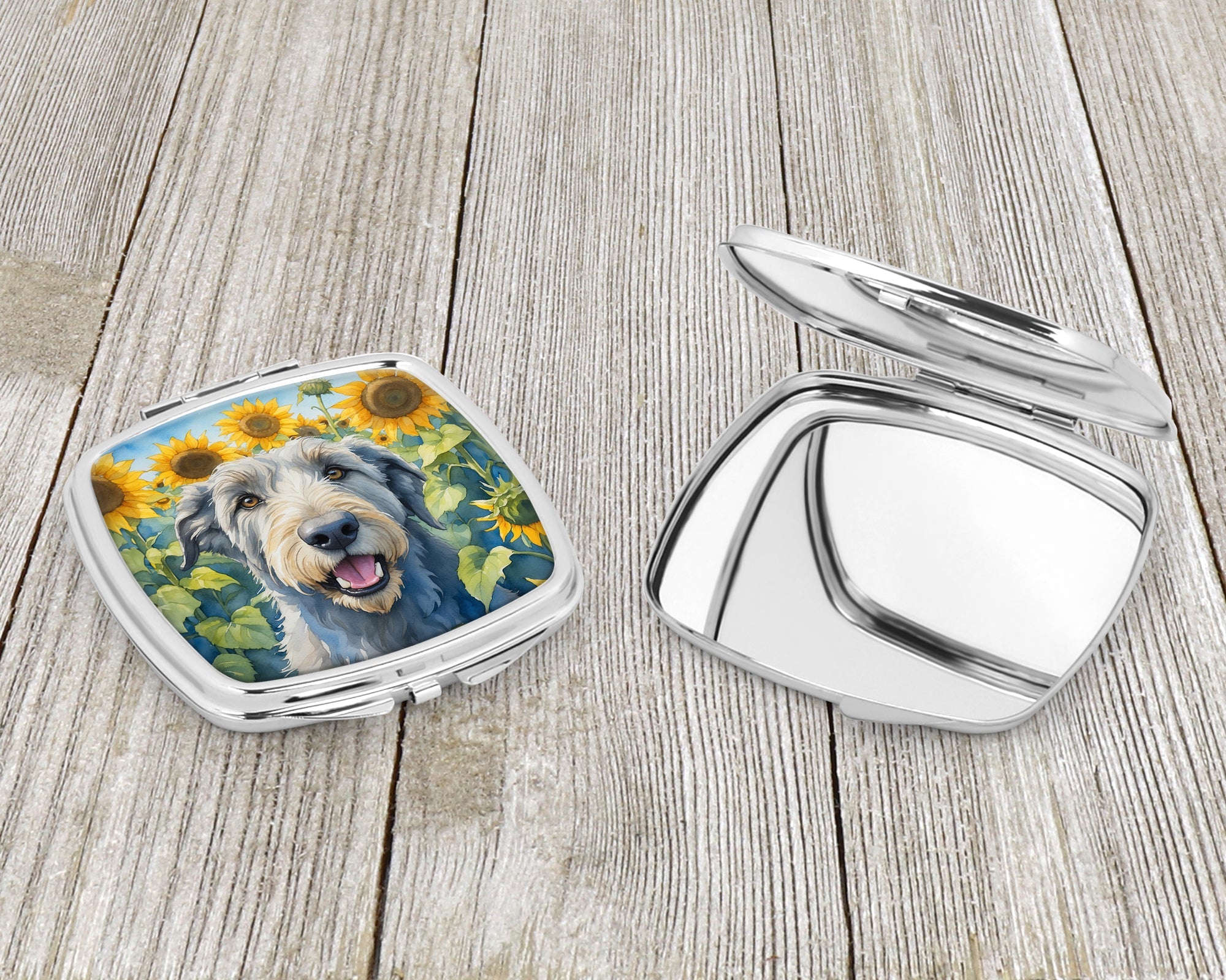 Irish Wolfhound in Sunflowers Compact Mirror Decorative Travel Makeup Mirror for Women Girls Gifts Pocket Makeup Mirror Folding Handheld