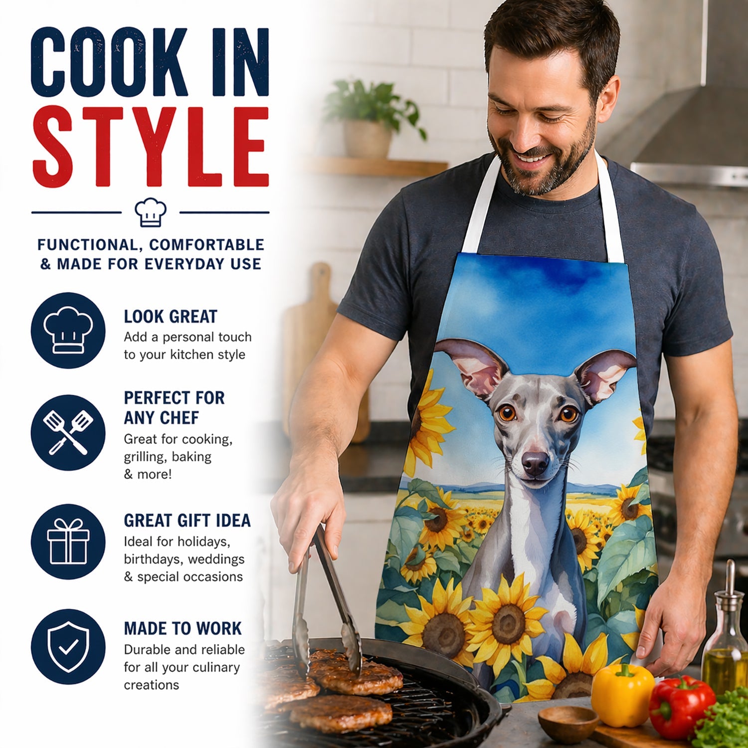 Italian Greyhound in Sunflowers Apron Cooking Kitchen Server Baking Crafts Gardening for Adult Women Men, Unisex, Large, Multicolor