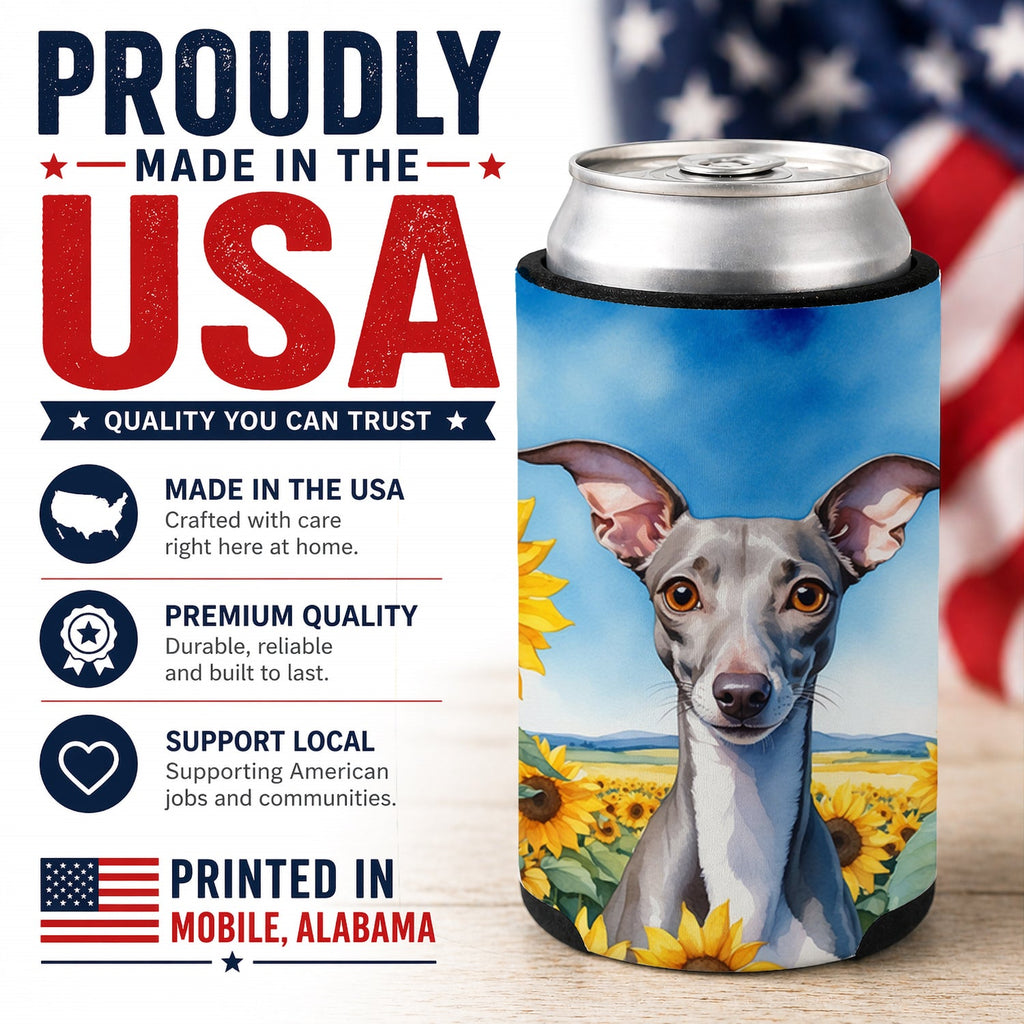 Italian Greyhound in Sunflowers Can or Bottle Hugger Cooler Sleeve for Standard 12 oz Cans, Insulated Foam Beer & Soda Can Hugger Reusable