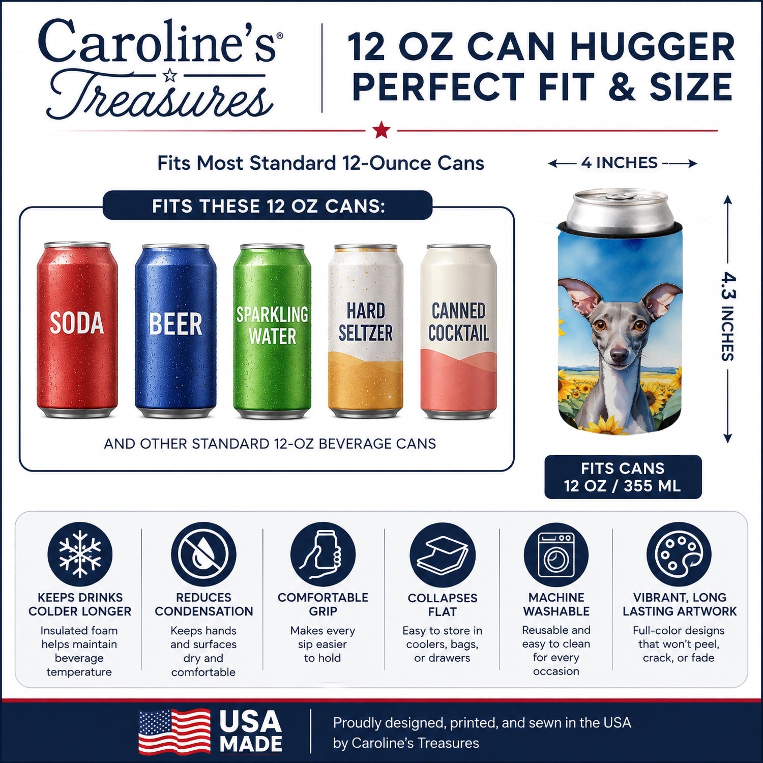 Italian Greyhound in Sunflowers Can or Bottle Hugger Cooler Sleeve for Standard 12 oz Cans, Insulated Foam Beer & Soda Can Hugger Reusable
