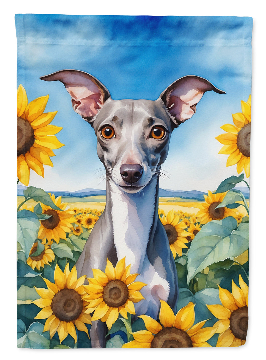 Italian Greyhound in Sunflowers House Flag 28x40 Porch Sleeve Pole Decorative Outside Yard Banner Artwork Wall Hanging, Polyester