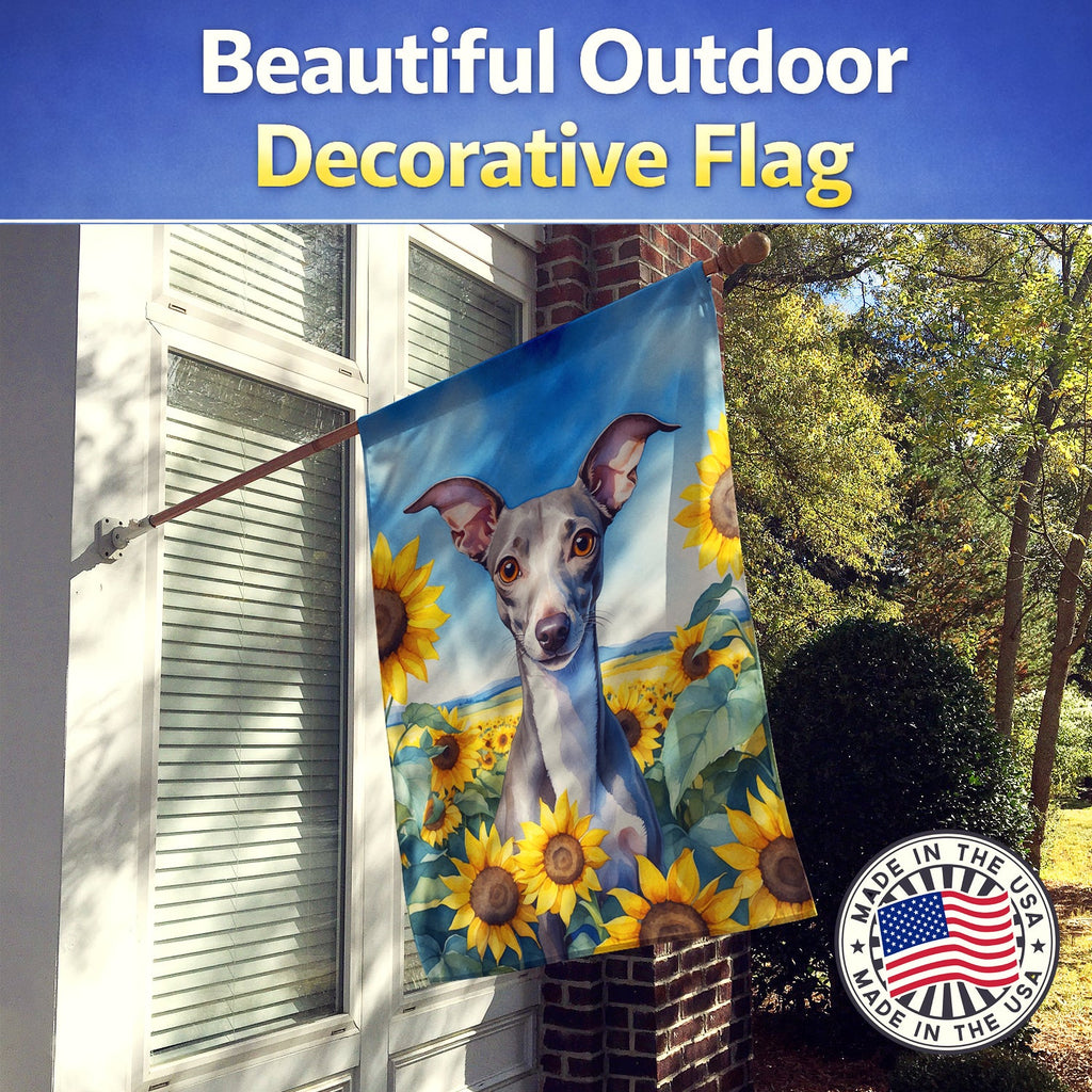 Italian Greyhound in Sunflowers House Flag 28x40 Porch Sleeve Pole Decorative Outside Yard Banner Artwork Wall Hanging, Polyester