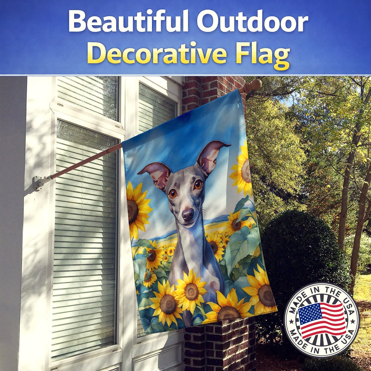 Italian Greyhound in Sunflowers House Flag 28x40 Porch Sleeve Pole Decorative Outside Yard Banner Artwork Wall Hanging, Polyester