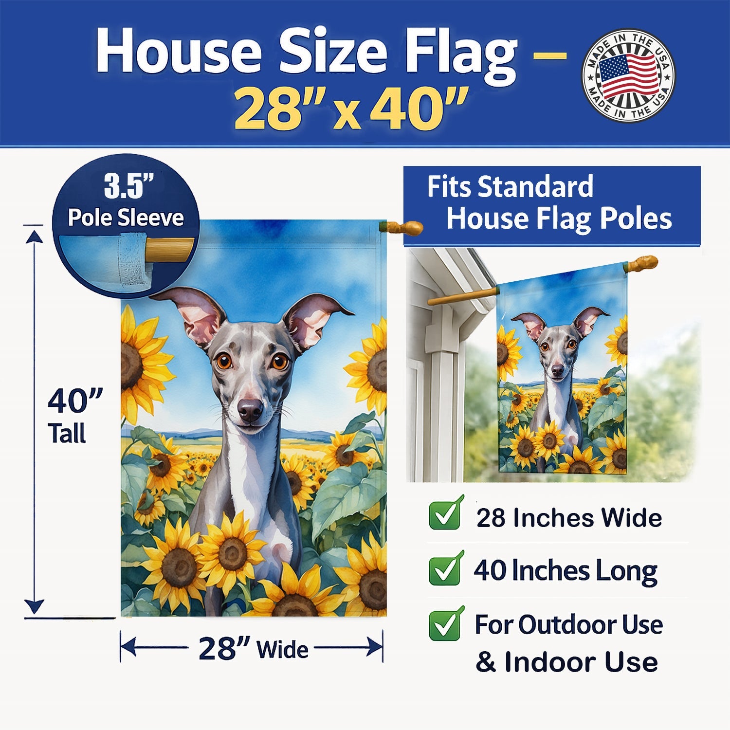 Italian Greyhound in Sunflowers House Flag 28x40 Porch Sleeve Pole Decorative Outside Yard Banner Artwork Wall Hanging, Polyester
