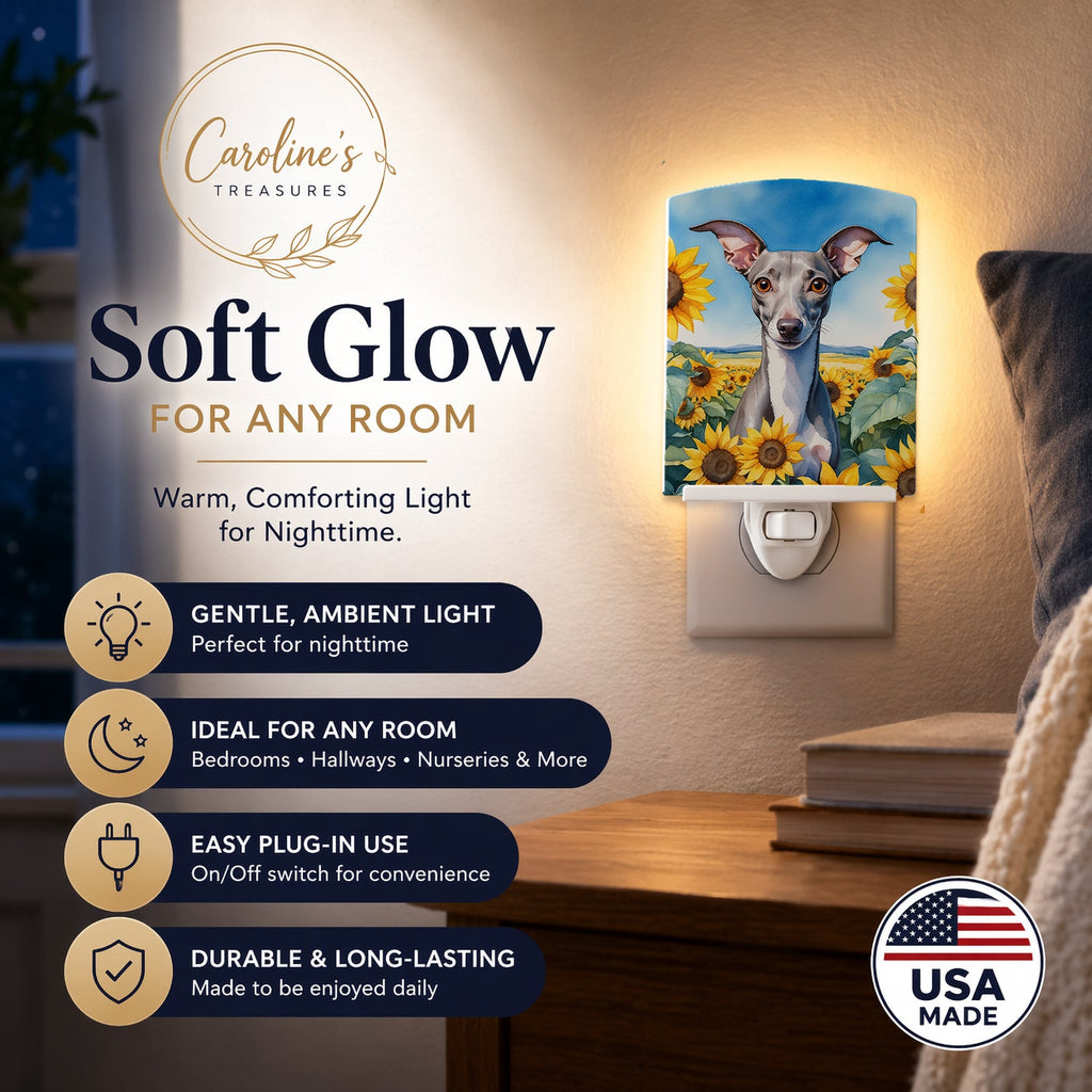 Italian Greyhound in Sunflowers Ceramic Night Light Compact, UL-Certified, Ideal for Bedroom, Bathroom, Nursery, Hallway, Kitchen, 6x4x3, Multicolor