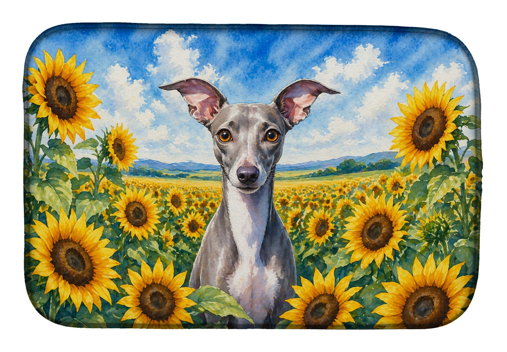 Italian Greyhound in Sunflowers Dish Drying Mat Absorbent Dish Drying Mat Pad for Kitchen Counter Dish Drainer Mat for Countertop, 14 x 21", Multicolor