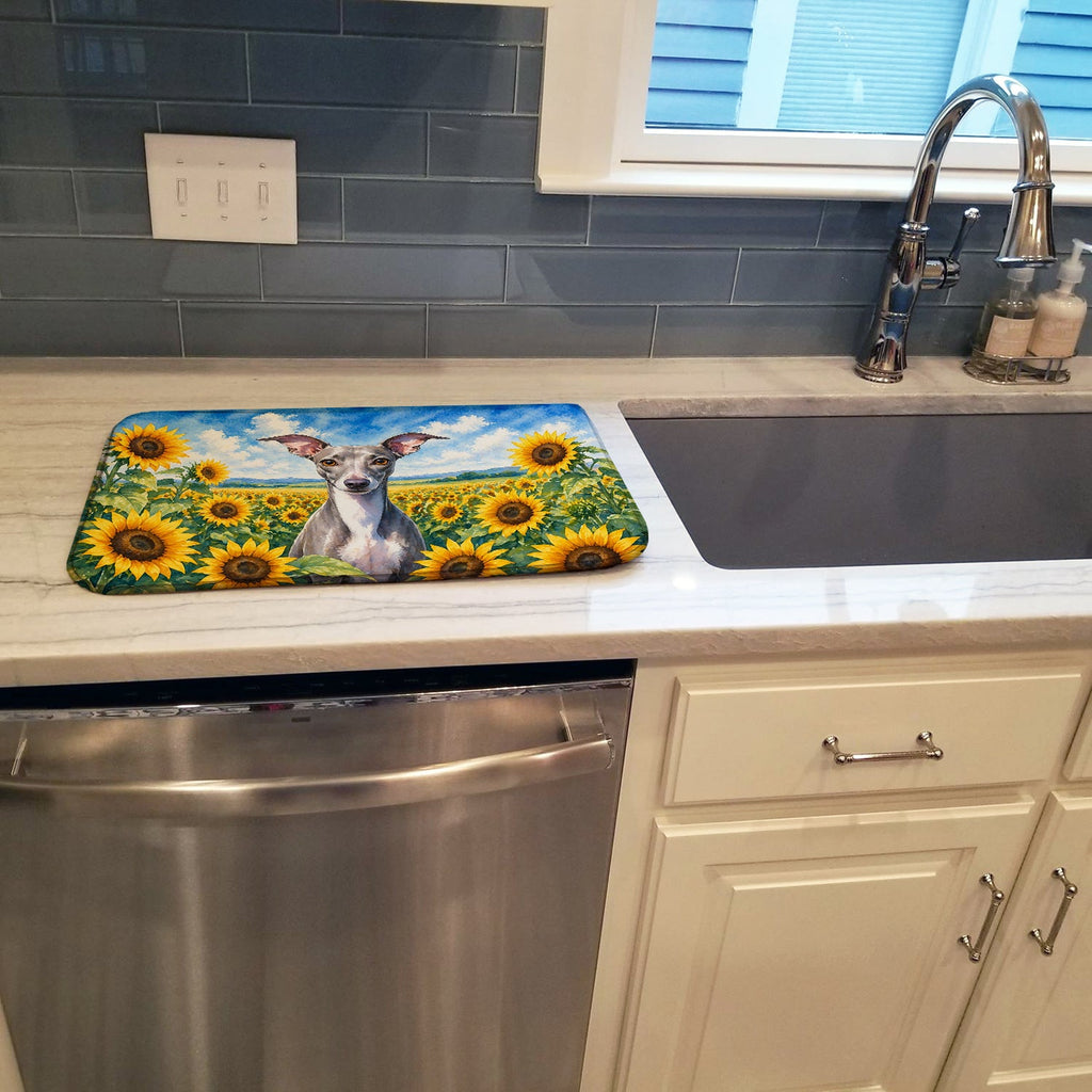 Italian Greyhound in Sunflowers Dish Drying Mat Absorbent Dish Drying Mat Pad for Kitchen Counter Dish Drainer Mat for Countertop, 14 x 21", Multicolor