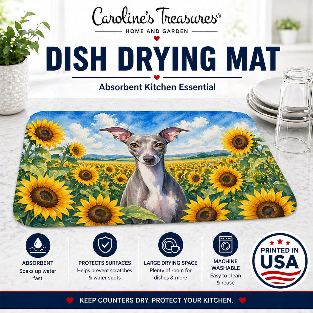 Italian Greyhound in Sunflowers Dish Drying Mat Absorbent Dish Drying Mat Pad for Kitchen Counter Dish Drainer Mat for Countertop, 14 x 21", Multicolor