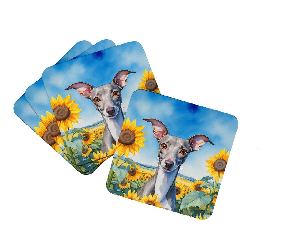 Italian Greyhound in Sunflowers Foam Coasters Set of 4 Cup Coasters for Indoor Outdoor, Tabletop Protection, Anti Slip, Mouse pad Material