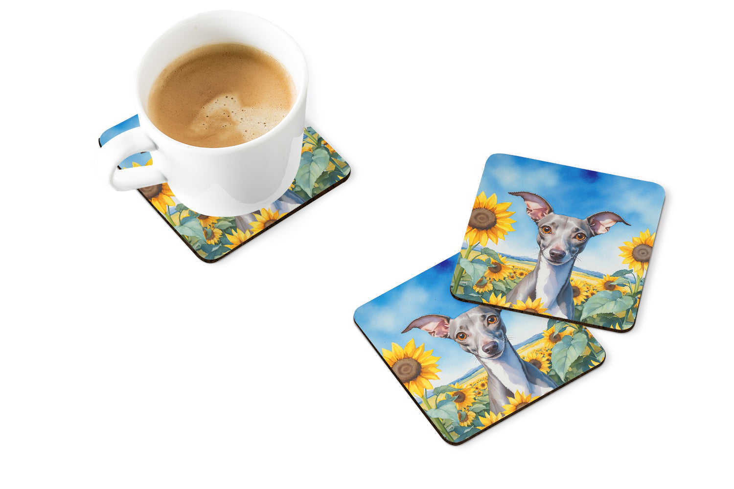 Italian Greyhound in Sunflowers Foam Coasters Set of 4 Cup Coasters for Indoor Outdoor, Tabletop Protection, Anti Slip, Mouse pad Material
