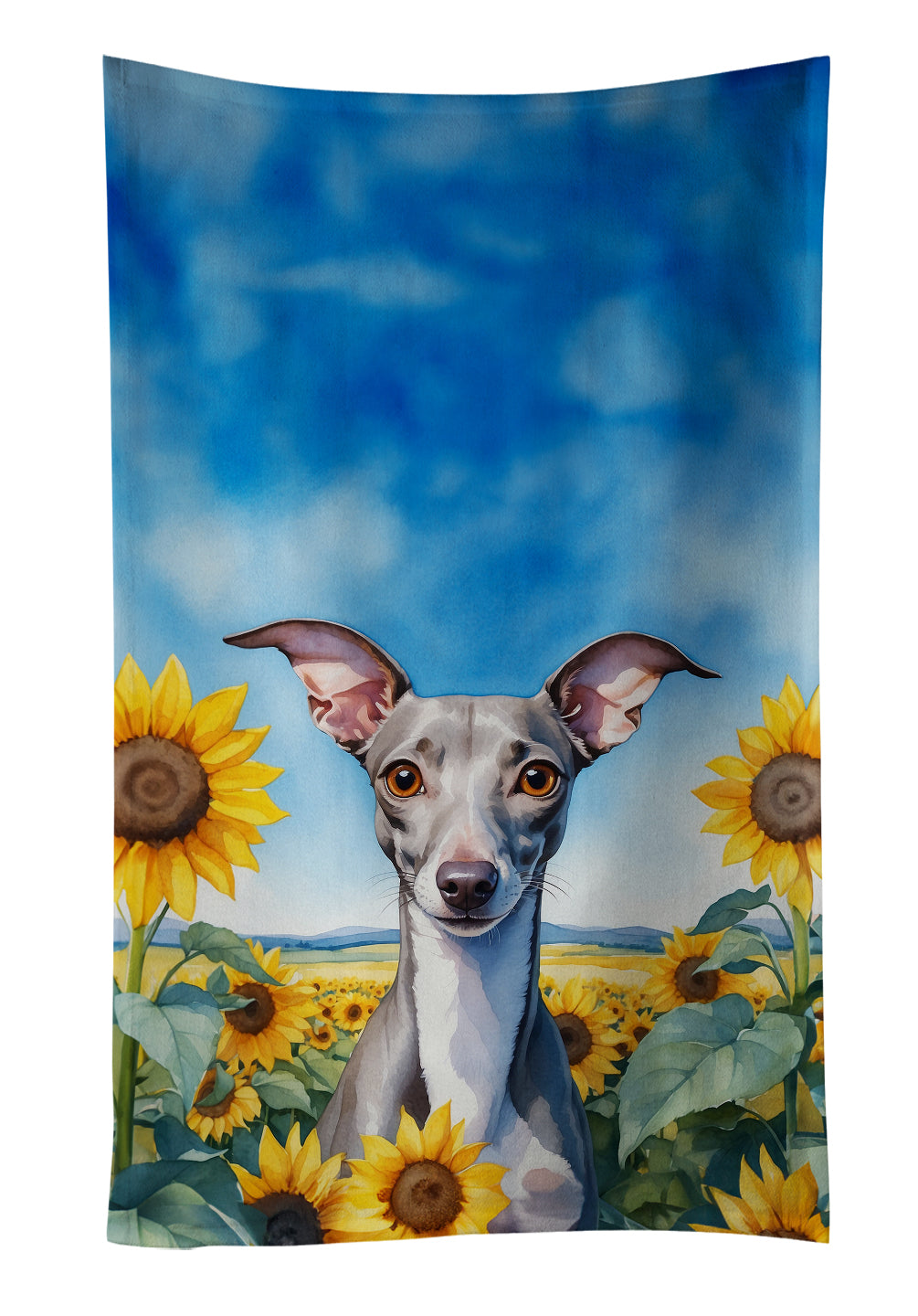 Italian Greyhound in Sunflowers Kitchen Towel Velour Plush Front and Cotton Loop Back Machine Washable