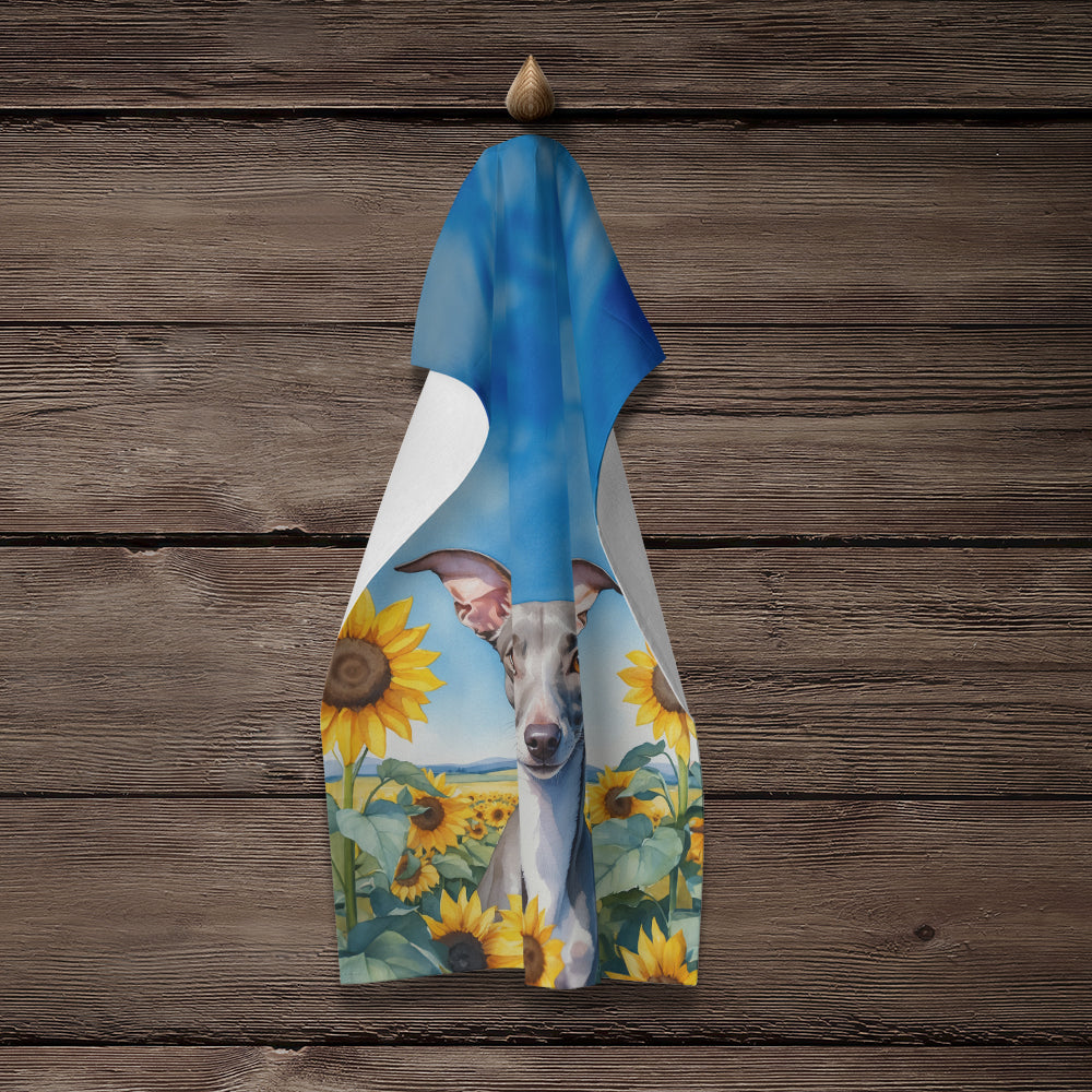 Italian Greyhound in Sunflowers Kitchen Towel Velour Plush Front and Cotton Loop Back Machine Washable