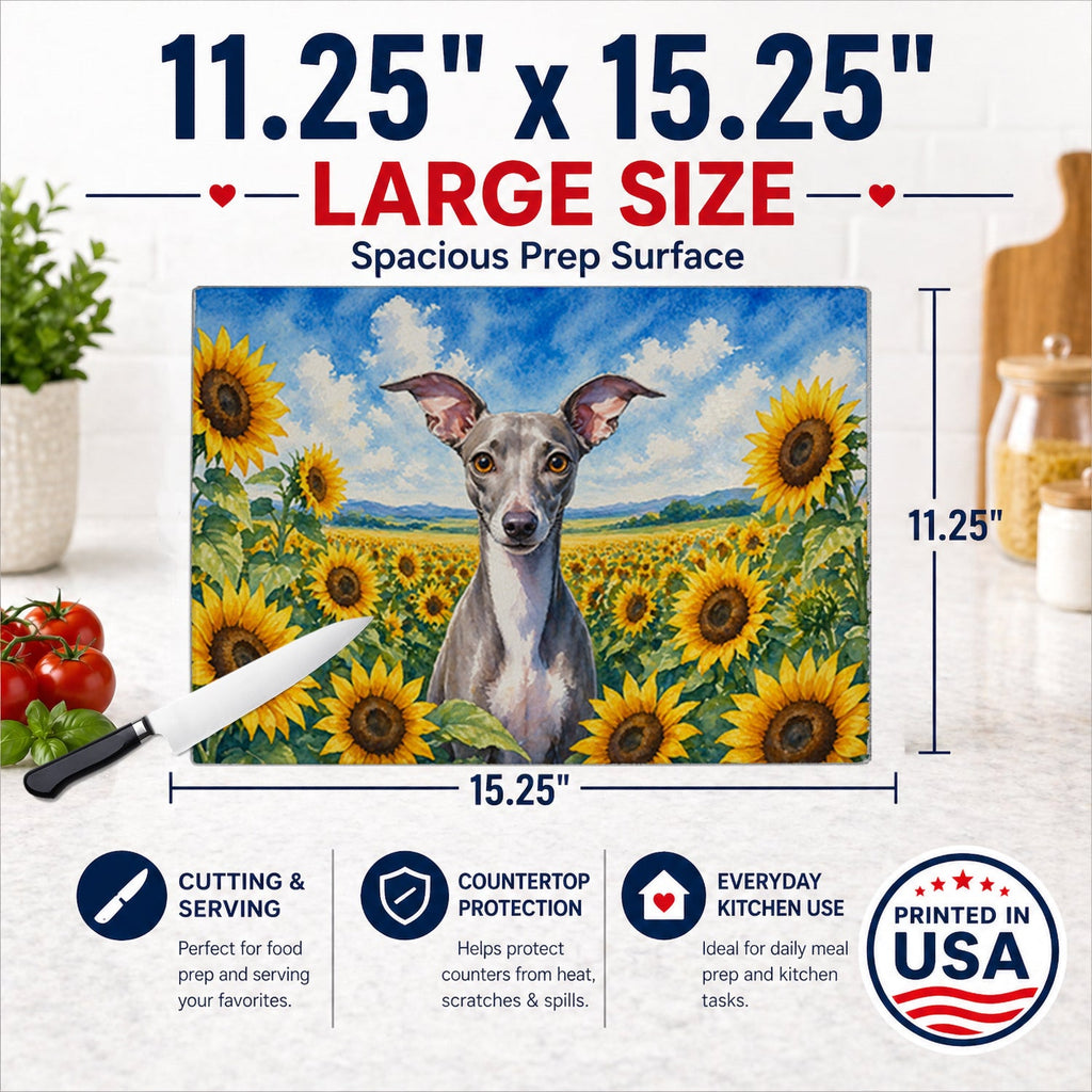Italian Greyhound in Sunflowers Cutting Board Tempered Glass Kitchen Cutting Surface, Heat Resistant Chopping Board with Non-Slip Feet, Decorative Food Prep & Serving