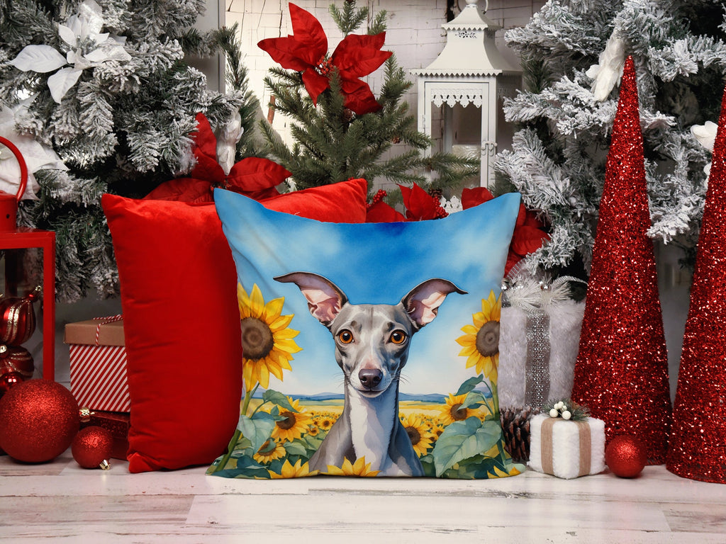 Italian Greyhound in Sunflowers Decorative Throw Pillow 14x14 Indoor Outdoor Accent Cushion, Fabric Cover with Insert for Sofa, Bed, Porch & Living Room