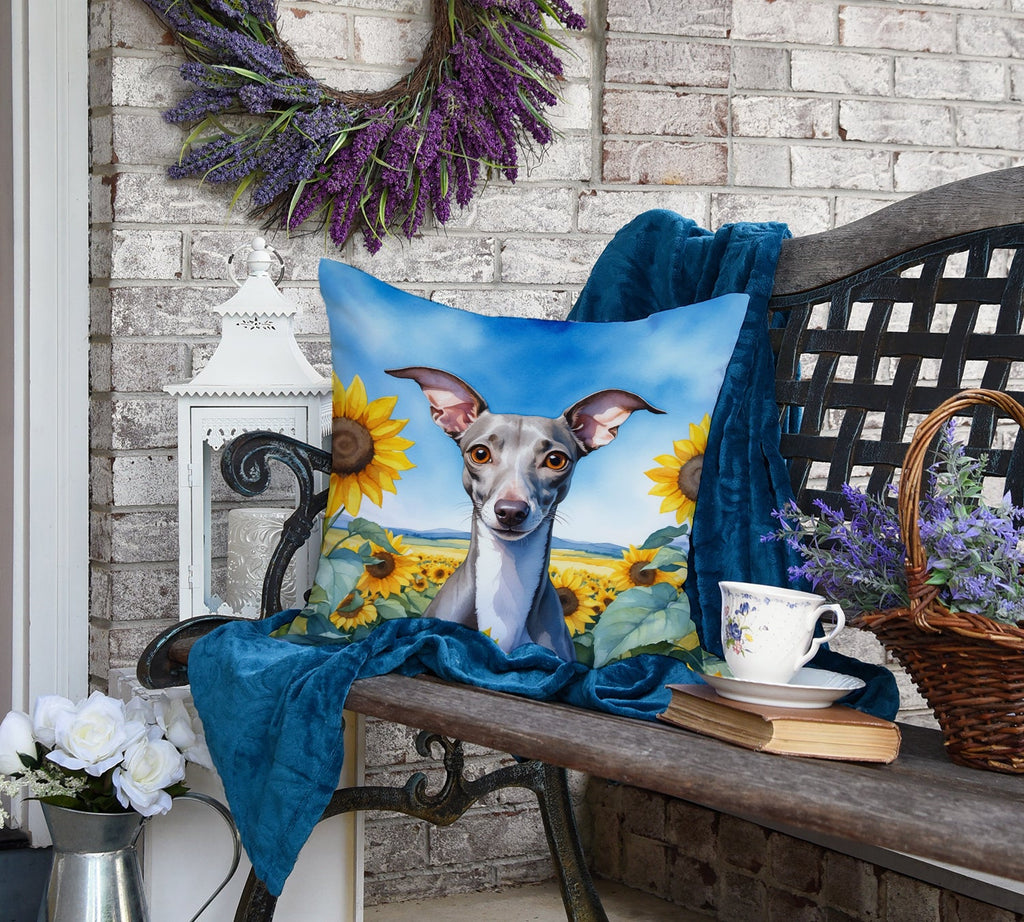 Italian Greyhound in Sunflowers Decorative Throw Pillow 18x18 Indoor Outdoor Accent Cushion, Fabric Cover with Insert for Sofa, Bed, Porch & Living Room