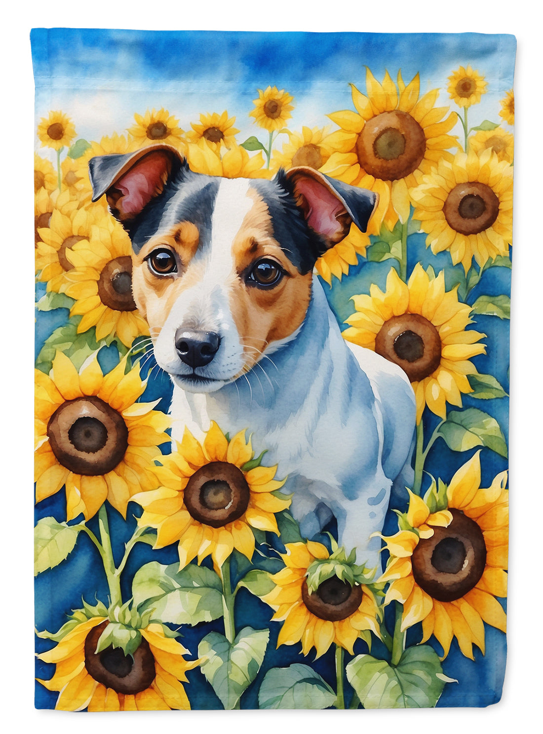 Jack Russell Terrier in Sunflowers House Flag 28x40 Porch Sleeve Pole Decorative Outside Yard Banner Artwork Wall Hanging, Polyester
