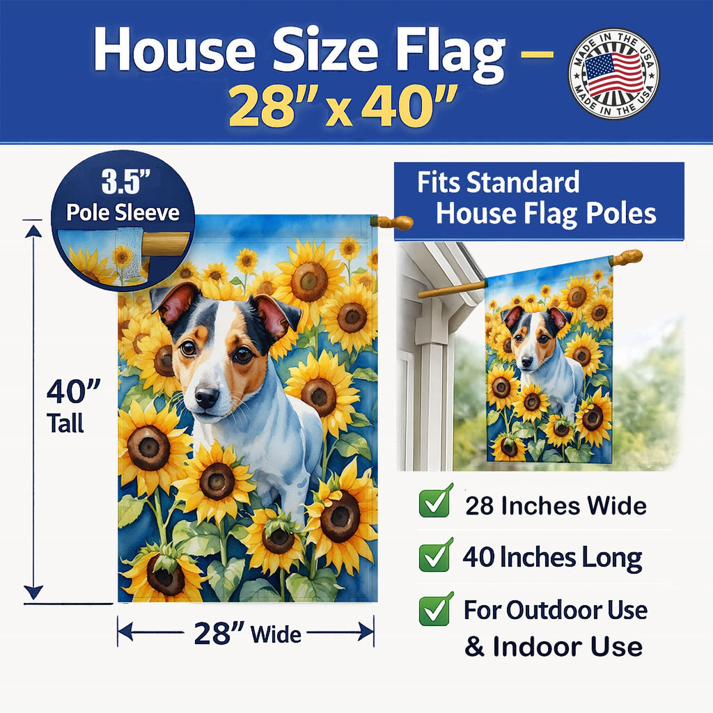 Jack Russell Terrier in Sunflowers House Flag 28x40 Porch Sleeve Pole Decorative Outside Yard Banner Artwork Wall Hanging, Polyester
