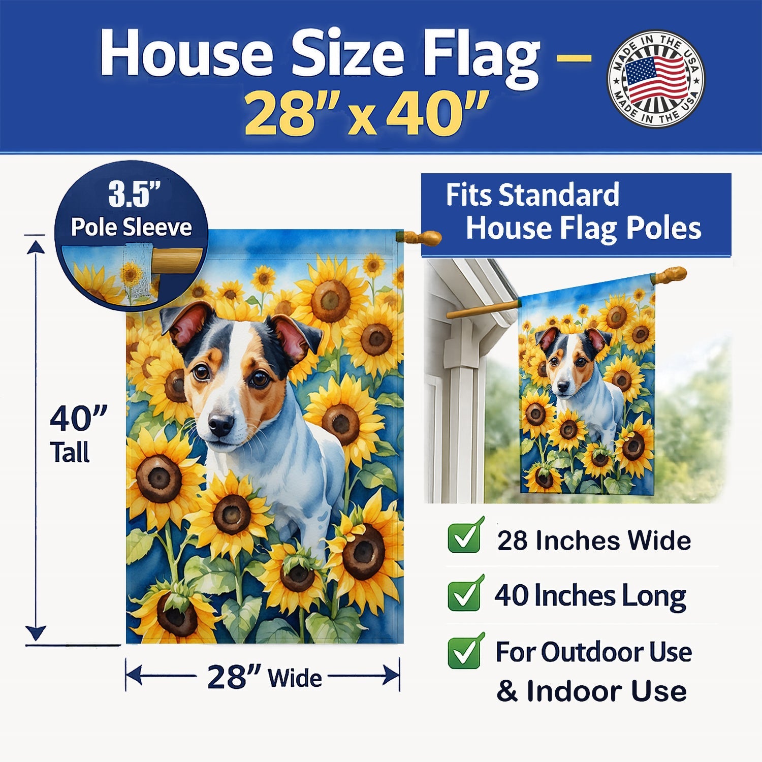Jack Russell Terrier in Sunflowers House Flag 28x40 Porch Sleeve Pole Decorative Outside Yard Banner Artwork Wall Hanging, Polyester