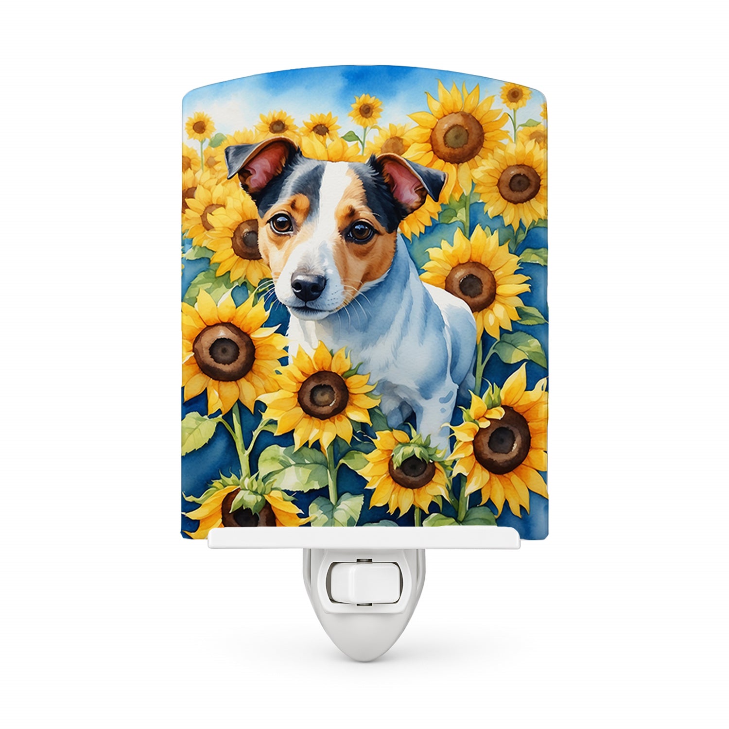 Jack Russell Terrier in Sunflowers Ceramic Night Light Compact, UL-Certified, Ideal for Bedroom, Bathroom, Nursery, Hallway, Kitchen, 6x4x3, Multicolor