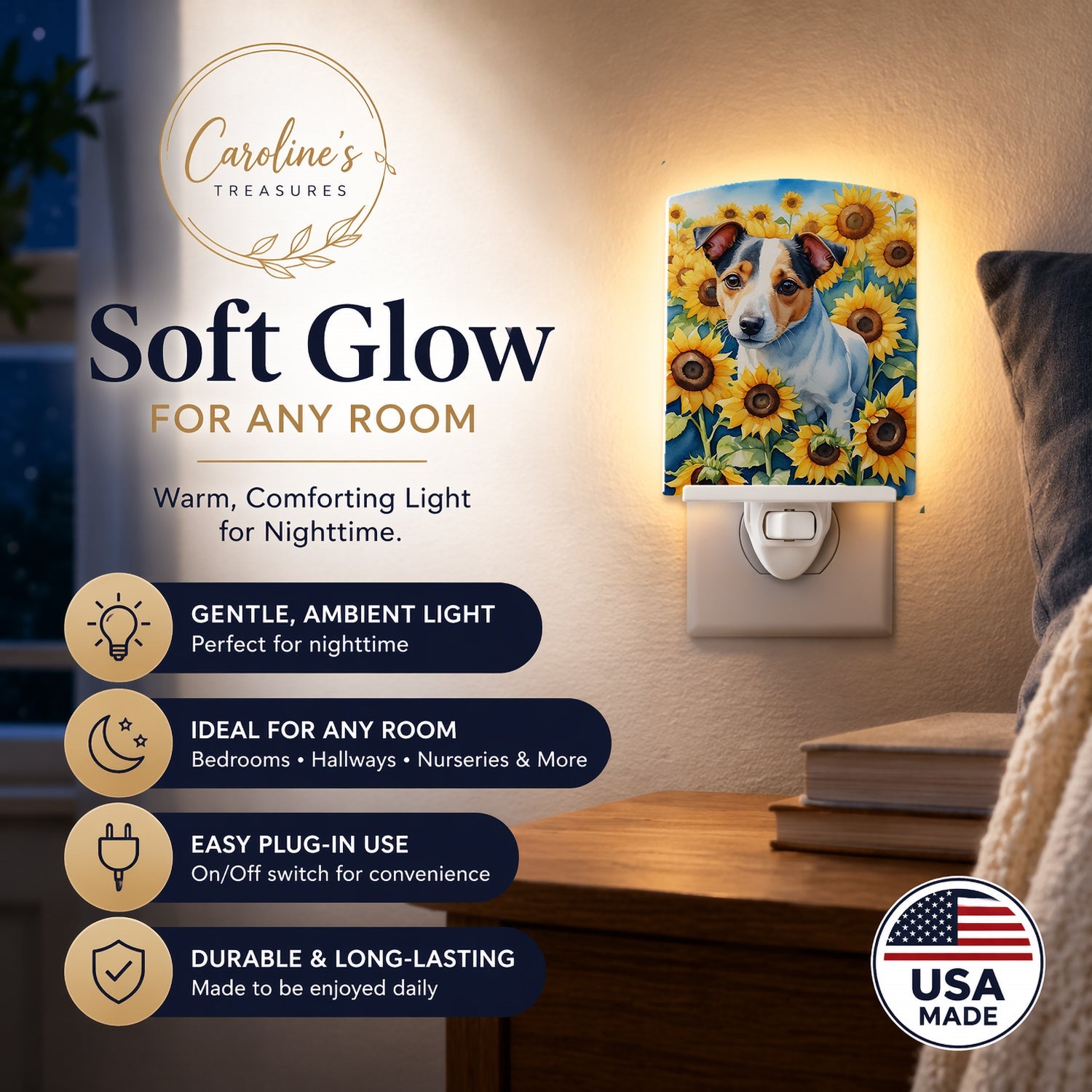 Jack Russell Terrier in Sunflowers Ceramic Night Light Compact, UL-Certified, Ideal for Bedroom, Bathroom, Nursery, Hallway, Kitchen, 6x4x3, Multicolor