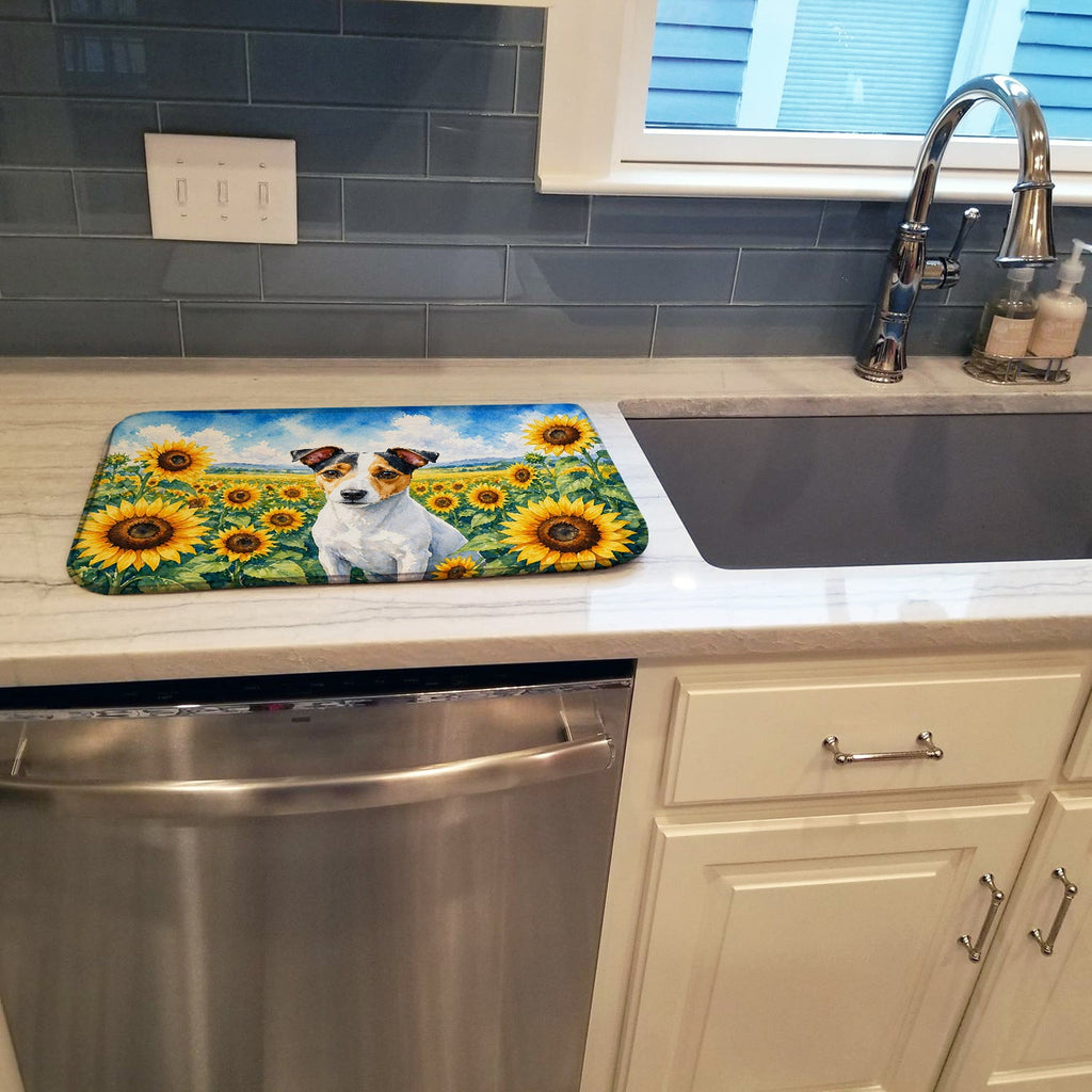 Jack Russell Terrier in Sunflowers Dish Drying Mat Absorbent Dish Drying Mat Pad for Kitchen Counter Dish Drainer Mat for Countertop, 14 x 21", Multicolor