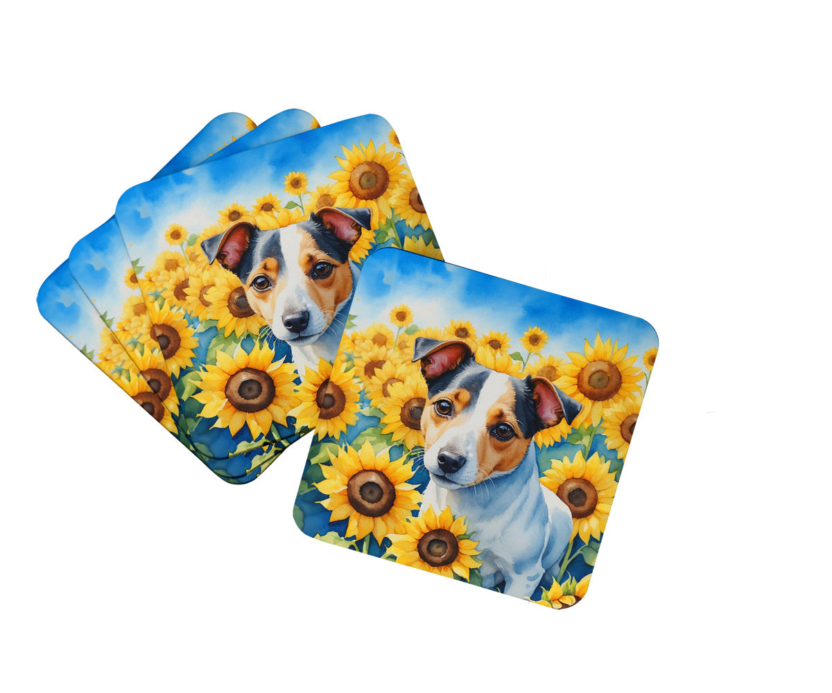 Jack Russell Terrier in Sunflowers Foam Coasters Set of 4 Cup Coasters for Indoor Outdoor, Tabletop Protection, Anti Slip, Mouse pad Material