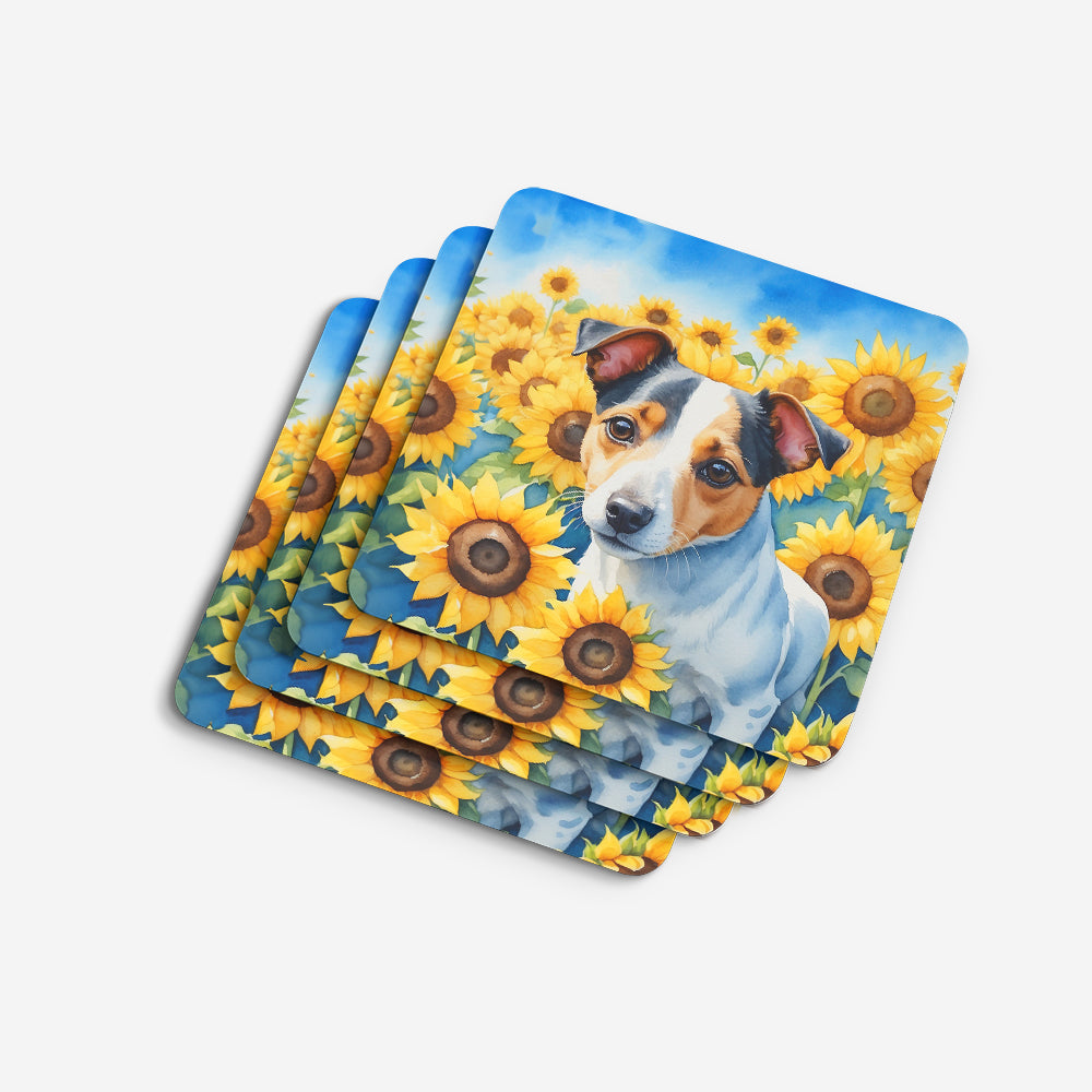 Jack Russell Terrier in Sunflowers Foam Coasters Set of 4 Cup Coasters for Indoor Outdoor, Tabletop Protection, Anti Slip, Mouse pad Material