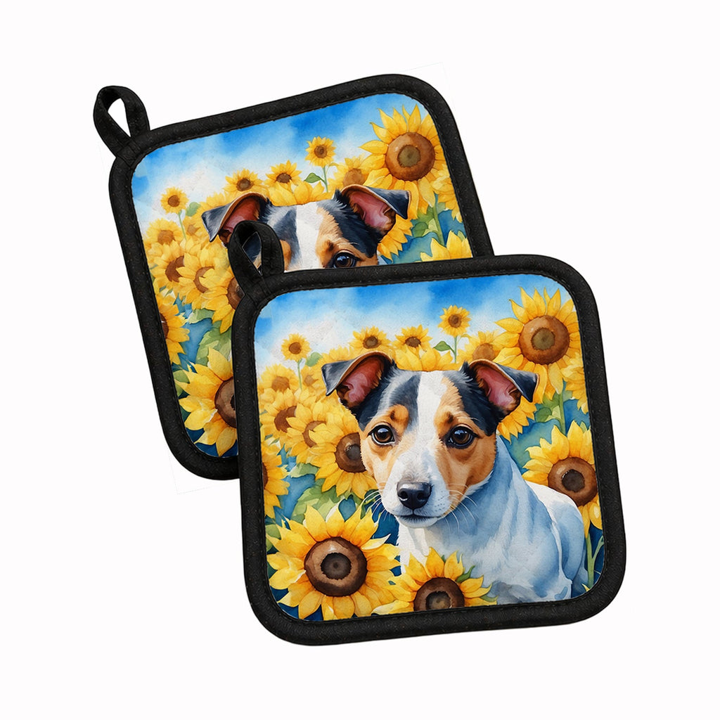 Jack Russell Terrier in Sunflowers Pot Holder Set of 2 Heat Resistant Quilted Hot Pads 7.5 x 7.5 Inch, Insulated Kitchen Trivets for Cooking & Baking