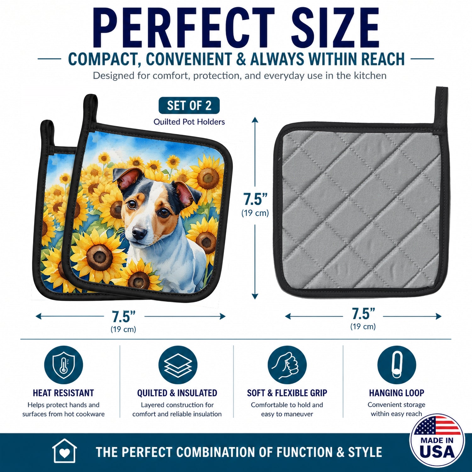 Jack Russell Terrier in Sunflowers Pot Holder Set of 2 Heat Resistant Quilted Hot Pads 7.5 x 7.5 Inch, Insulated Kitchen Trivets for Cooking & Baking