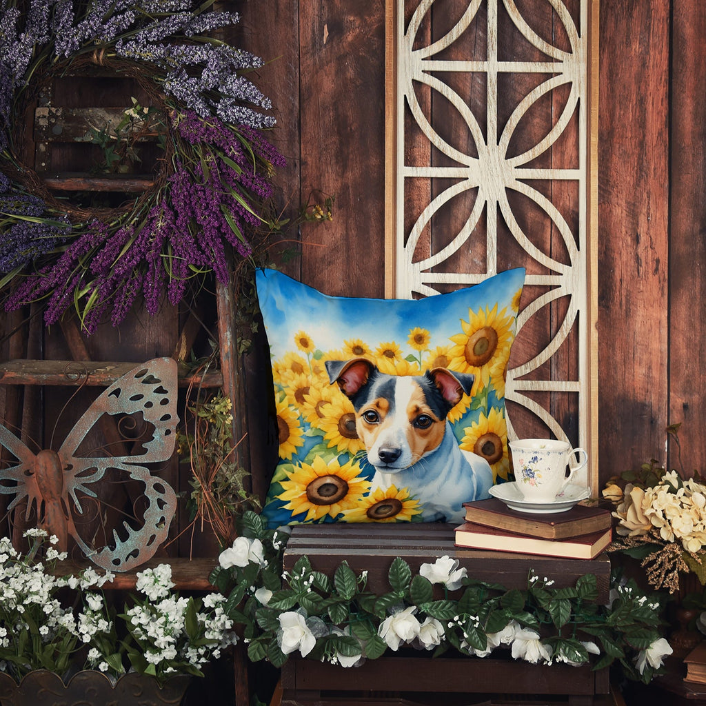 Jack Russell Terrier in Sunflowers Decorative Throw Pillow 14x14 Indoor Outdoor Accent Cushion, Fabric Cover with Insert for Sofa, Bed, Porch & Living Room