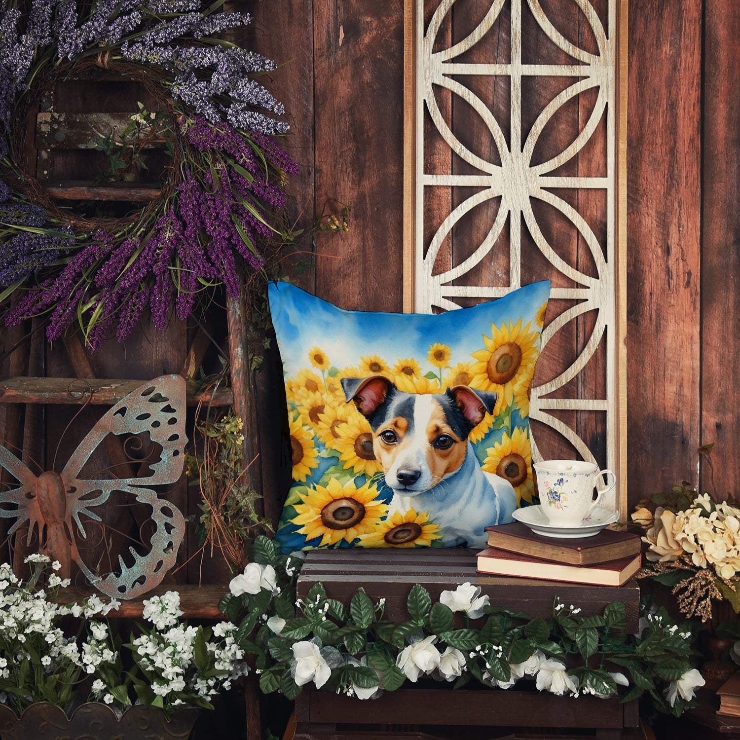Jack Russell Terrier in Sunflowers Decorative Throw Pillow 14x14 Indoor Outdoor Accent Cushion, Fabric Cover with Insert for Sofa, Bed, Porch & Living Room