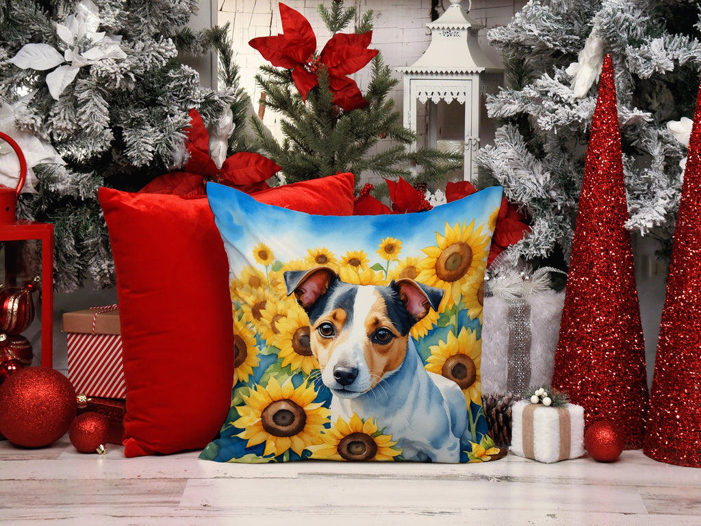 Jack Russell Terrier in Sunflowers Decorative Throw Pillow 14x14 Indoor Outdoor Accent Cushion, Fabric Cover with Insert for Sofa, Bed, Porch & Living Room