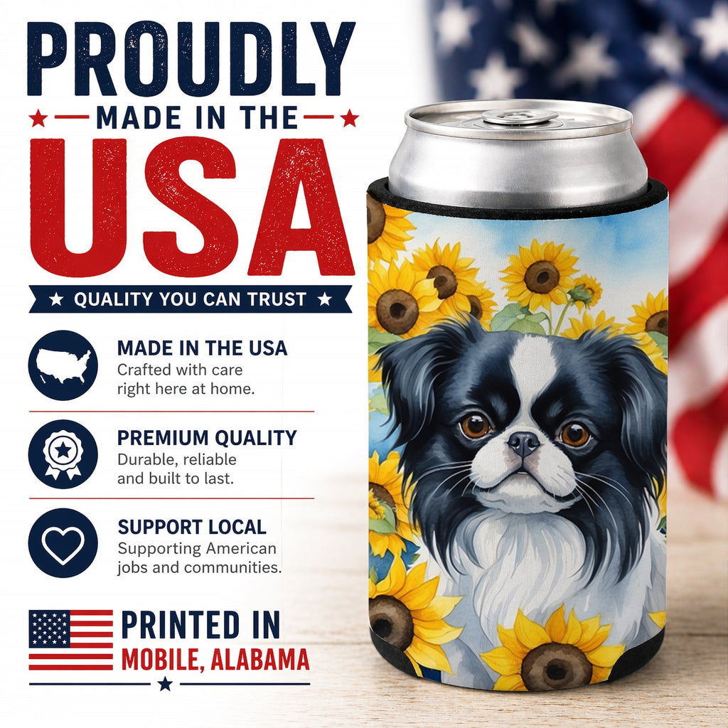 Japanese Chin in Sunflowers Can or Bottle Hugger Cooler Sleeve for Standard 12 oz Cans, Insulated Foam Beer & Soda Can Hugger Reusable