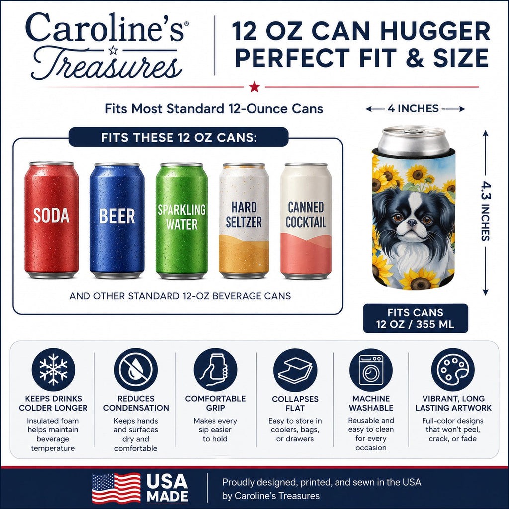 Japanese Chin in Sunflowers Can or Bottle Hugger Cooler Sleeve for Standard 12 oz Cans, Insulated Foam Beer & Soda Can Hugger Reusable